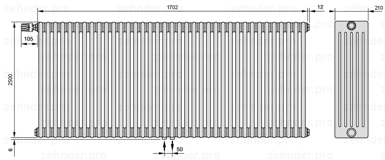 Схема (чертеж) Радиатор Zehnder Charleston 6250/37 №V007 Белый глянцевый RAL 9016